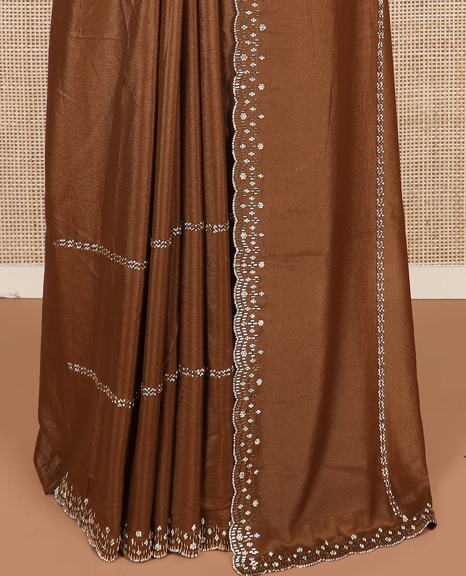 Brown stone and tube bead embroidered designer saree, scallop stone and kardana embroidered border