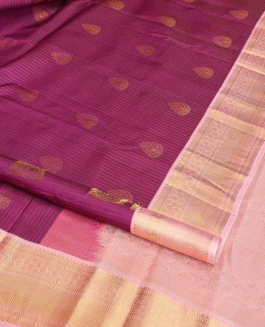 Purple checked, floral buttas vasundhara elite silk saree with contrast zari design border & intricate zari design pallu