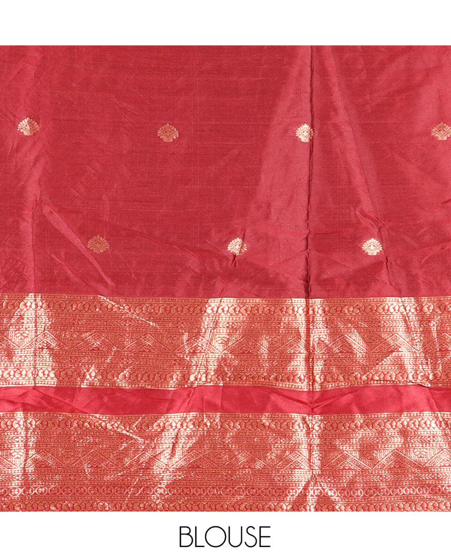 Red Semi-Silk Half-Saree, Adorned with Zari Buttas Woven Skirt, a Rettai Pettu Traditional Border, a Matching Blouse, and Dhavani