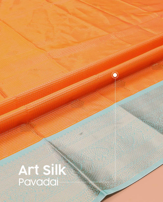 Orange Art Silk Pavadai Material Set, Beautifully Bedecked with Micro-Checks and Buttas on Its Skirt, Complemented by a Contrast Traditional Zari Design Border, and Paired with a Contrast Blouse