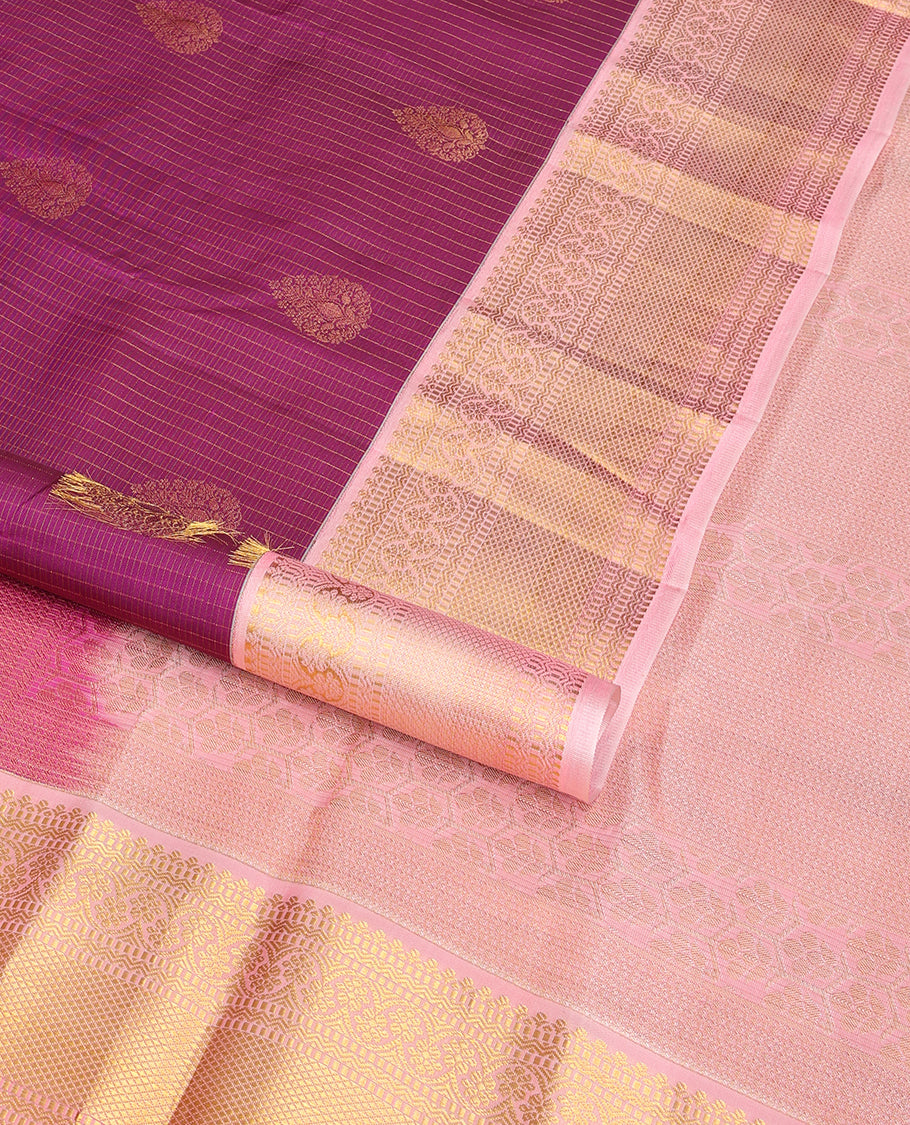 Purple checked, floral buttas vasundhara elite silk saree with contrast zari design border & intricate zari design pallu