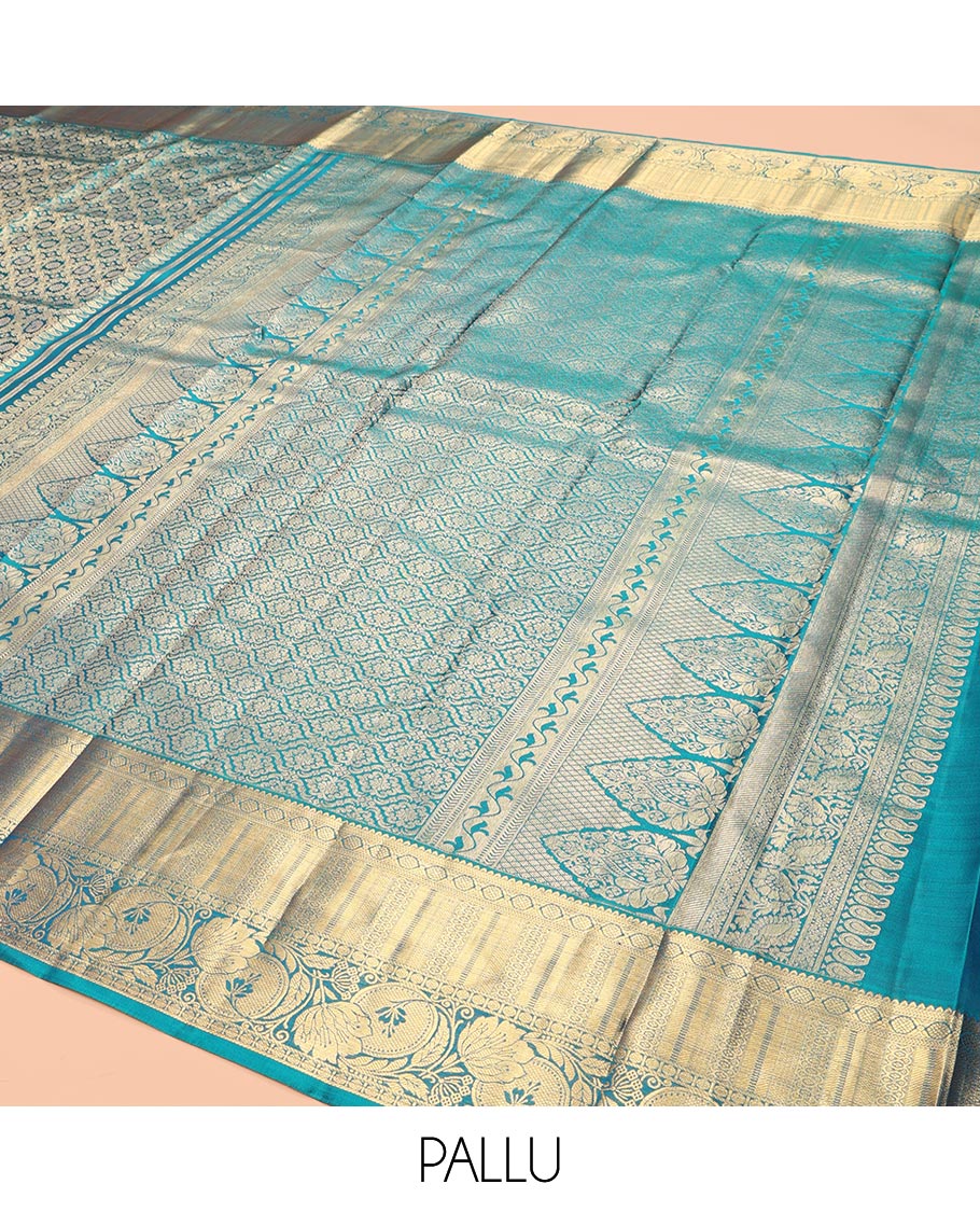 Blue Kanchipuram Wedding Silk Saree, Richly Detailed with Jacquard Design, a Zari Border of Rekku, Kathir, Laddu Kamalam, and Kodi Visiry, Grand Pallu, and a Matching Blouse