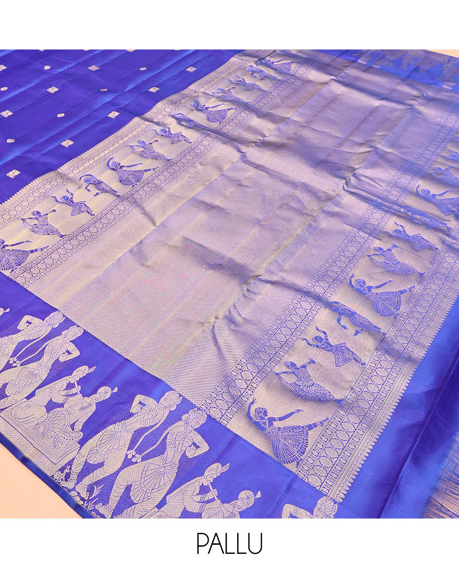 Blue Vasundhara Silk Saree, Detailed with Zari Buttas, Highlighted by a Classical Dance-Themed Woven Border, Pallu of Dance Mudras, and a Matching Blouse