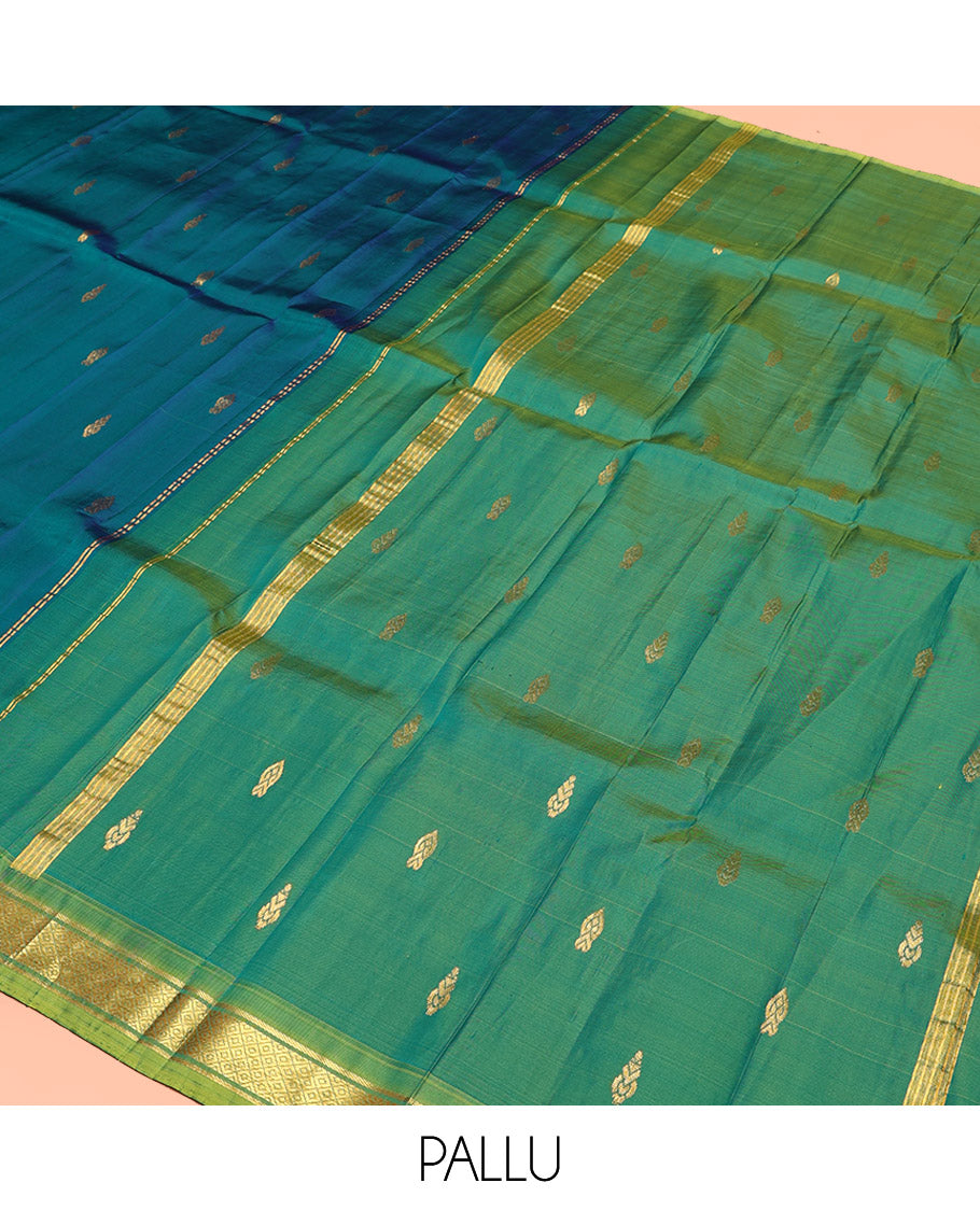 Blue Kanchipuram Silk Saree, Delicately Woven with Zari Buttas, Contrast Border of Banaras, and Mayil Kann, Pallu of Zari Design, and No Blouse
