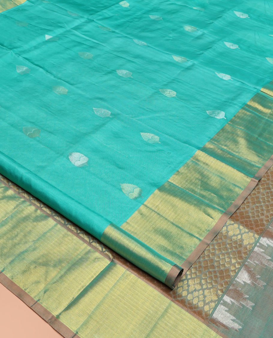 Green Venkatagiri Silk Saree, Subtly Sparkled with Zari Buttas All Over Its Body, Complemented by a Contrast Zari Border, Grand Pallu, and Paired with a Contrast Blouse