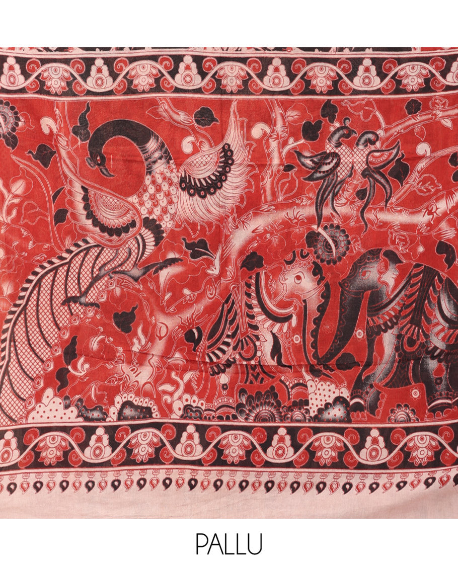 Black Kalamkari Cotton Saree, Ornamented with Animal Themed Print, Contrast Printed Border, Kalamkari Animal Motifs Pallu, and a Contrast Blouse