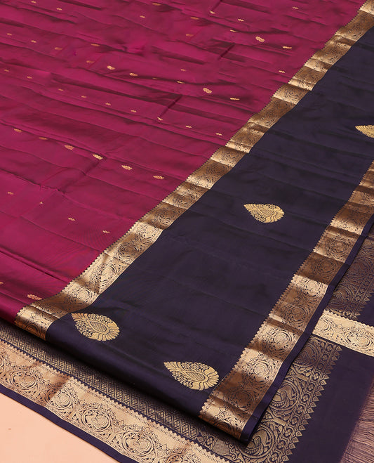 Purple Vasundhara Lite Silk Mix Saree, Beautified with Zari Buttas on Its Body, Complemented by a Contrast Border of Salngai, Kamalam, and Round Mayil Designs, Jaal-Patterned Pallu, and Paired with a Contrast Blouse