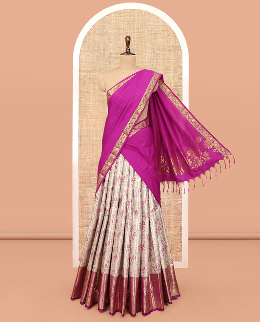 Off-white Art Silk Material Half-Saree Set, Subtly Sparkled with Jacquard Design Skirt, Complemented by Contrast Traditional Zari Designs Woven Border, Grand Jacquard Blouse, and Paired with a Intricate Blouse