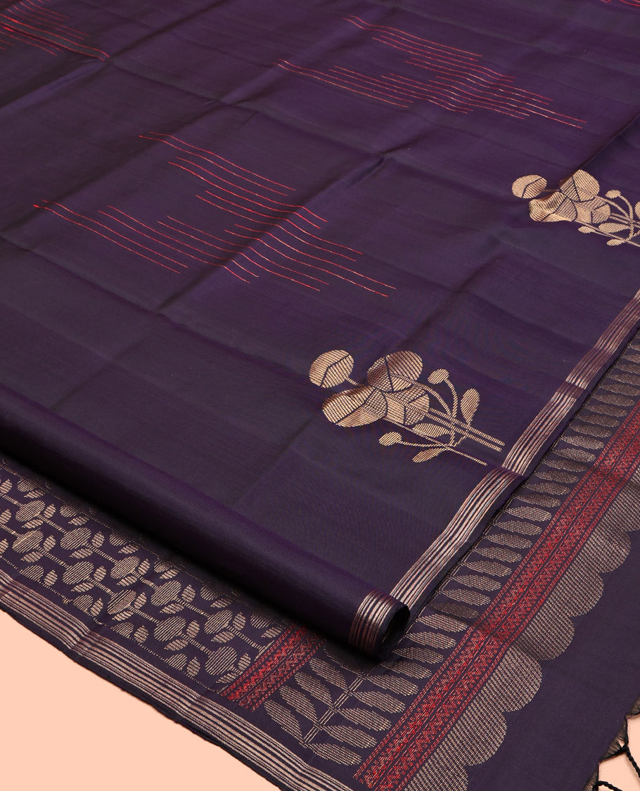 Purple Mayuri Soft Silk Saree, Masterfully Woven with Floral Buttas and Stripes, a Piping Border, Pallu of Floral Designs, and a Matching Blouse