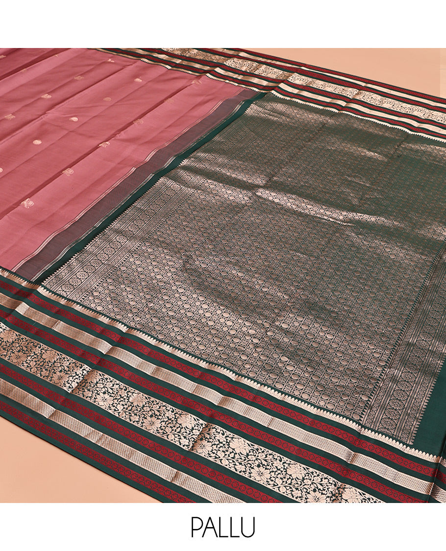 Pink Vasundhara Silk Saree, Detailed with Mayil and Chakram Buttas, Contrast Border of Thilakam and Kodi Visiry Designs, Buttas Enclosed Checked Pallu, and Contrast Blouse