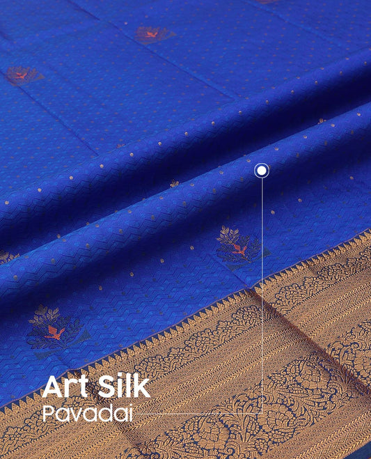 Blue Art Silk Pavadai Material Set Adorned with Zari Buttas and Embossed All Over the Skirt, Complemented by a Contrast Traditional Zari Design Woven Border, and Paired with a Contrast Blouse