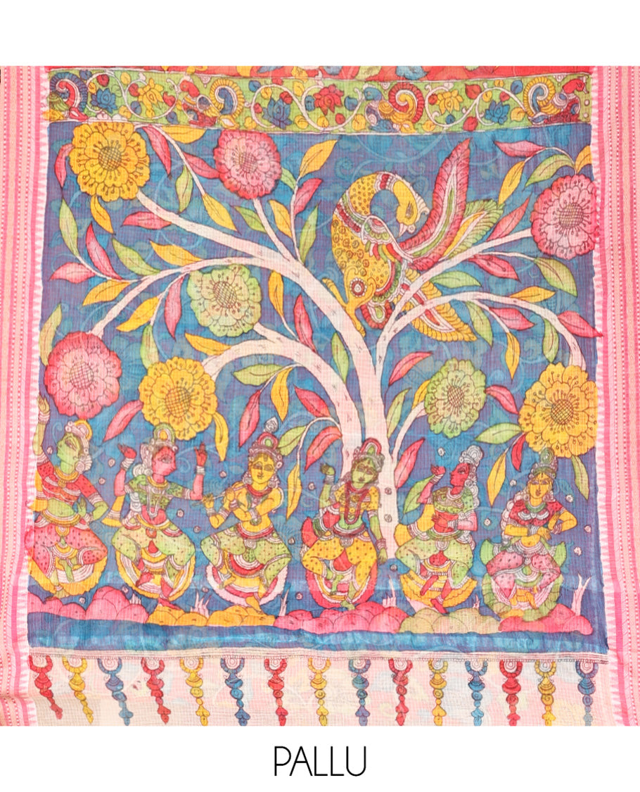 Red Kalamkari Silk Saree, Crafted with Floral Vine Print, a Contrast Traditional Thread Border, Pallu of Ancient Human Figurines, and a Contrast Blouse