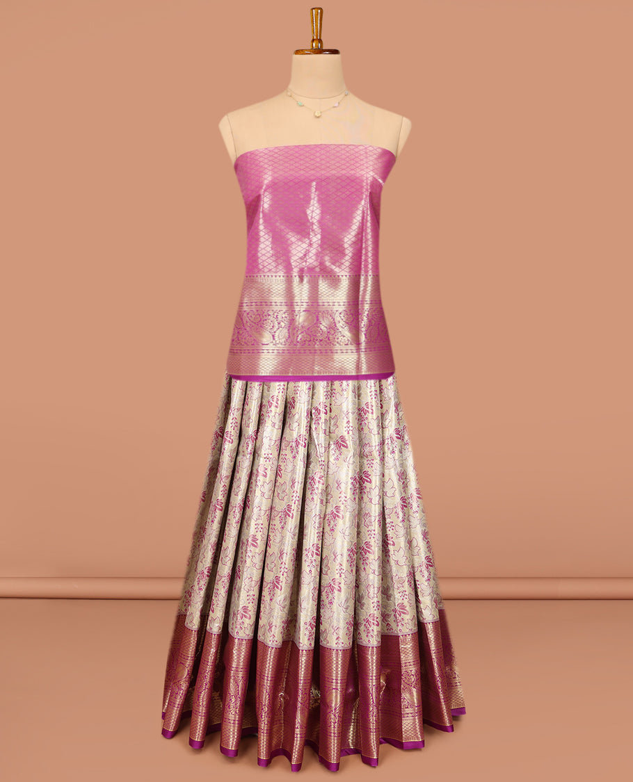 Off-white Art Silk Material Half-Saree Set, Subtly Sparkled with Jacquard Design Skirt, Complemented by Contrast Traditional Zari Designs Woven Border, Grand Jacquard Blouse, and Paired with a Intricate Blouse