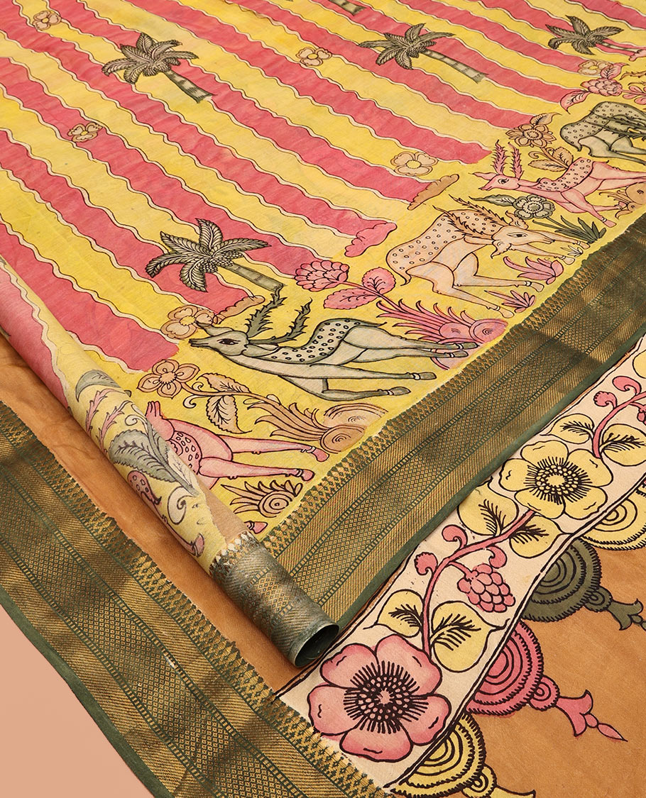 Yellow Tussar Kalamkari Saree