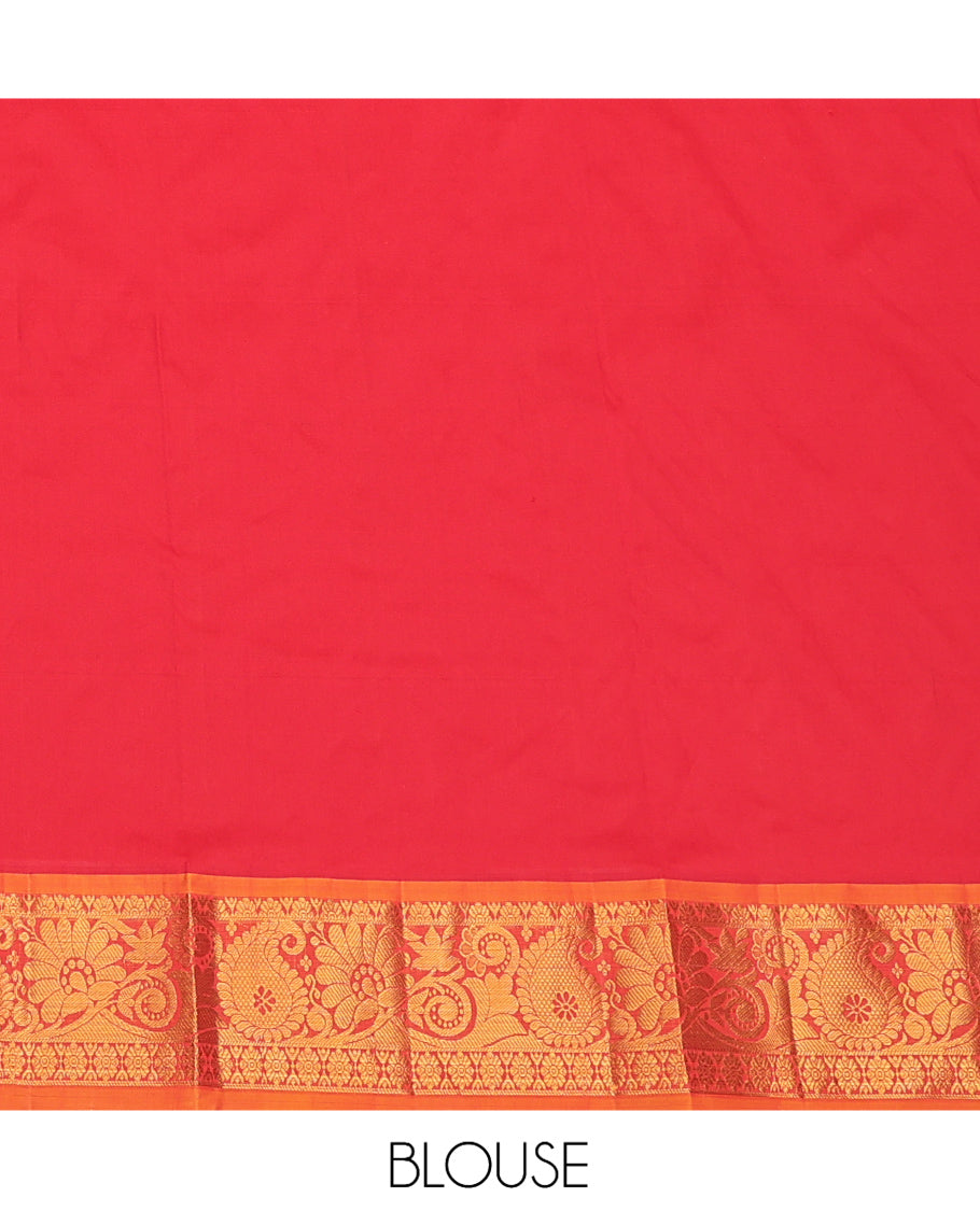 Red Art Silk Pavadai Material Set, Enriched with Zari Designs on Its Skirt, Complemented by a Contrast Paisley Zari Border, and a Matching Blouse