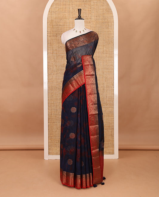 Nevy blue all over zari butta with shibori-style printed jute cotton saree, contrast zari border, zari line weaving pallu & contrast blouse