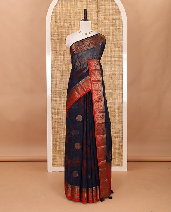 Nevy blue all over zari butta with shibori-style printed jute cotton saree, contrast zari border, zari line weaving pallu & contrast blouse