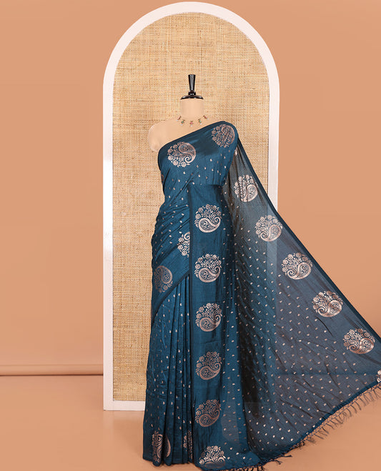 Peacock Blue Vichitra Silk Saree Adorned with Small Paisley Buttas All Over Its Body, Complemented by a Contrast Border of Floral-Paisley Designs, Self Pallu, and Comes Without a Blouse