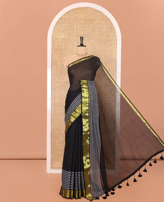 Black Plain Khadi Mul Cotton Saree, Subtly Woven Zari Border of Stripes, Plain Pallu, and Paired with a Matching Blouse