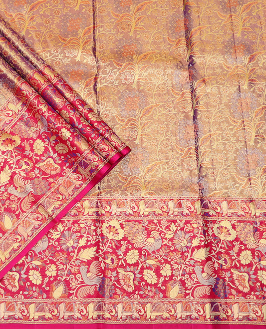 Purple Pure Silk Half-Saree Richly Detailed with Floral Jacquard Design on Its Skirt, Complemented by a Contrast Meenakari Border Featuring Mayil and Yaanai Designs, Comes with a Contrast Jacquard Blouse and a Dhavani of Manga Designs