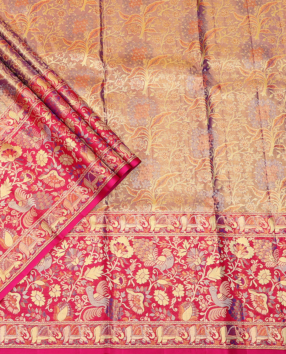 Purple Pure Silk Half-Saree Richly Detailed with Floral Jacquard Design on Its Skirt, Complemented by a Contrast Meenakari Border Featuring Mayil and Yaanai Designs, Comes with a Contrast Jacquard Blouse and a Dhavani of Manga Designs