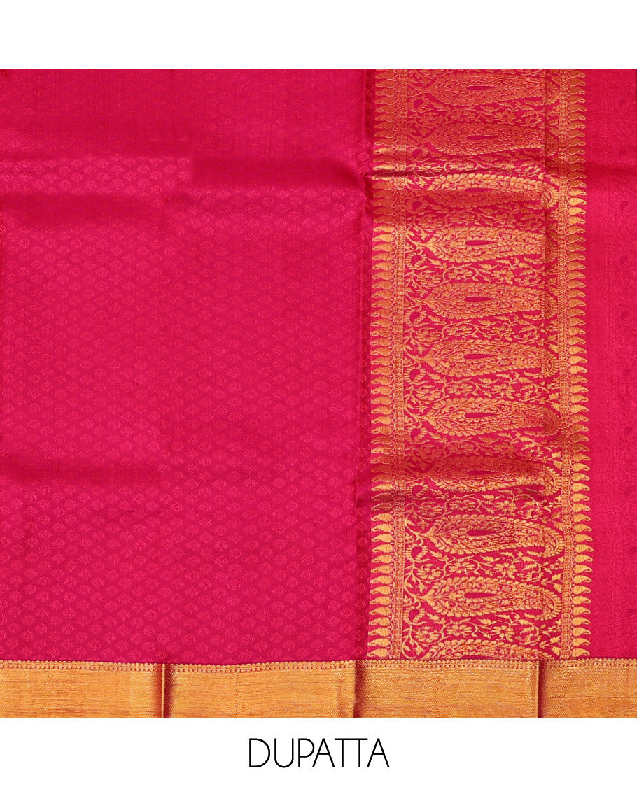 Purple Pure Silk Half-Saree Richly Detailed with Floral Jacquard Design on Its Skirt, Complemented by a Contrast Meenakari Border Featuring Mayil and Yaanai Designs, Comes with a Contrast Jacquard Blouse and a Dhavani of Manga Designs