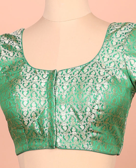Green paisleys-theme jacquard front-back round neck elbow-sleeve readymade blouse
