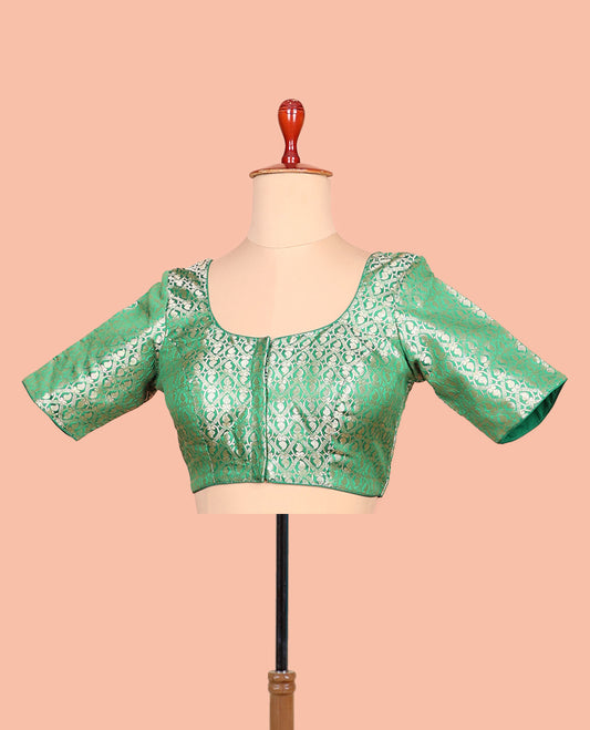 Green paisleys-theme jacquard front-back round neck elbow-sleeve readymade blouse