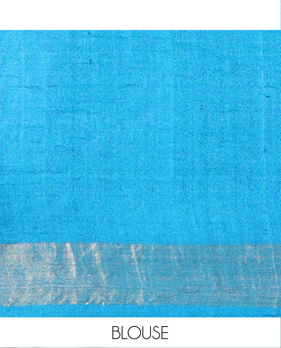 Blue paisley buttas tussar saree, zari border, and pallu of floral designs