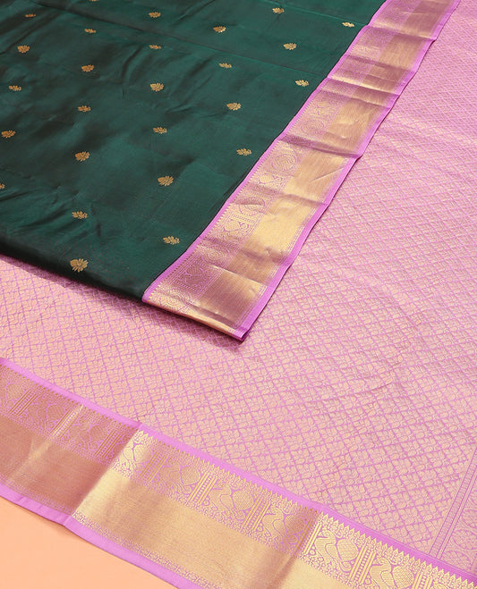 Green Vasundhara Lite Silk Mix Saree Enthralled with Zari Buttas, Featuring a Contrast Border with Thazampoo Rekku, Muthu, Mayil, and Paisa Designs, a Jaal Design Pallu, Paired with a Contrast Blouse