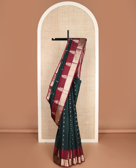 Green zari buttas vasundhara silkmix saree,contrast border of floral,rekku,muthu,banaras & mayil kann & grand mayil kann design pallu