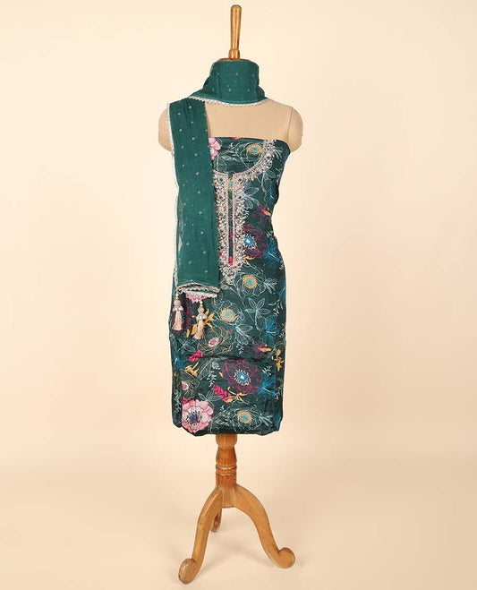 Green material chudidhar set, floral print & embroidered top, plain bottom & embroidered dupatta