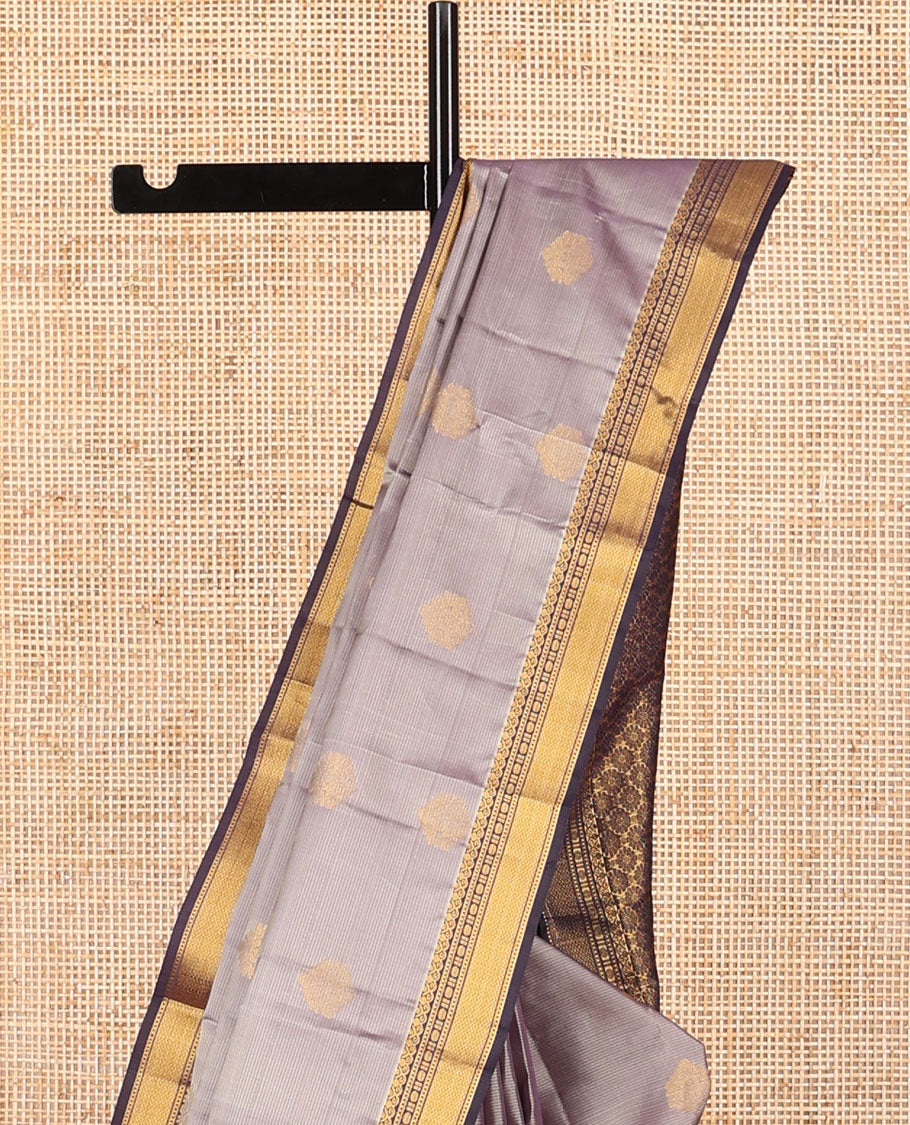 Grey striped, floral buttas vasundhara elite silk saree with contrast traditional zari design border & floral jaal design pallu