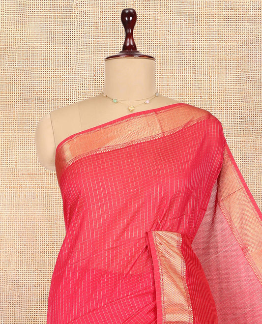 Pink Maheshwari Cotton Saree, Gleamed Up with Zari Checks, a Traditional Zari Border, Zari Striped Pallu, and a Matching Blouse