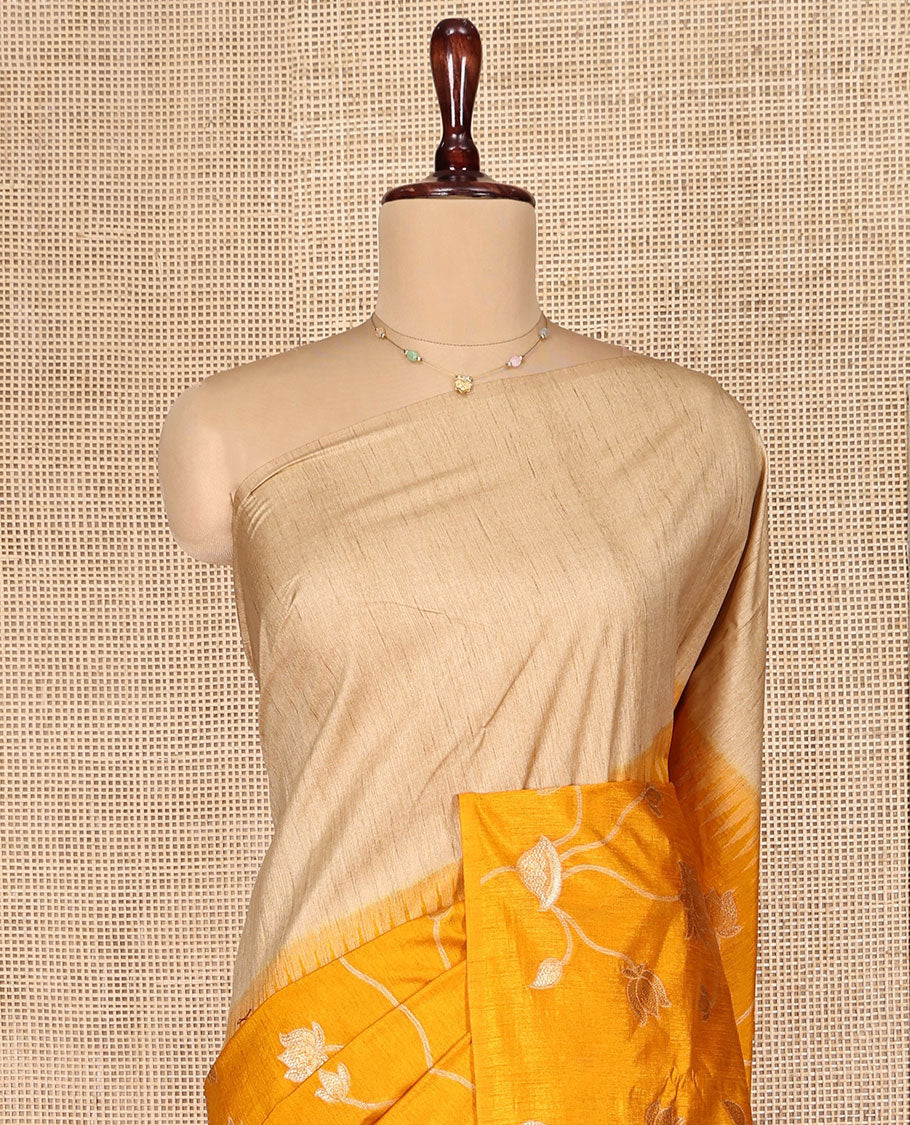 Borderless Sandal and Yellow Dupion Silk Saree, Charmingly Accented with Half-And-Half-Style and Pichwai Lotus Vine, a Contrast Zari Striped Pallu, and a Contrast Blouse