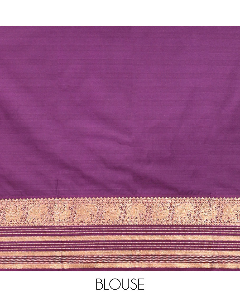 Sky Blue-Purple Budget Silk Saree Features Buttas, Contrast Elephant Border, Pallu, Contrast Blouse