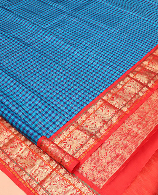 Blue Vasundhara Silk Saree, Woven with Checks, a Contrast Border of Poun, Yaanai, Neli, Mayil, and Yaali Designs, Neli Striped Pallu, and a Contrast Blouse