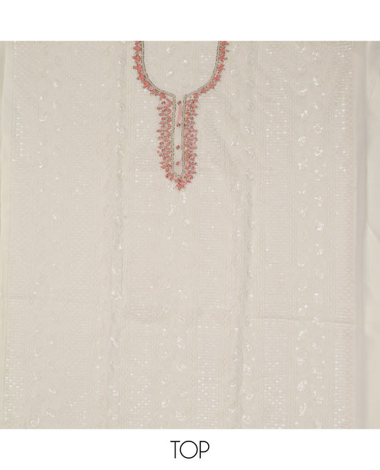 Cream and Peach Material Chudidar Set, Beautified with Chikankari-Style Thread and Sequins Embroidered on Georgette Top, a Plain Santoon Bottom, and Paired with a Floral Print and Chikankari-Style Embroidered Georgette Dupatta