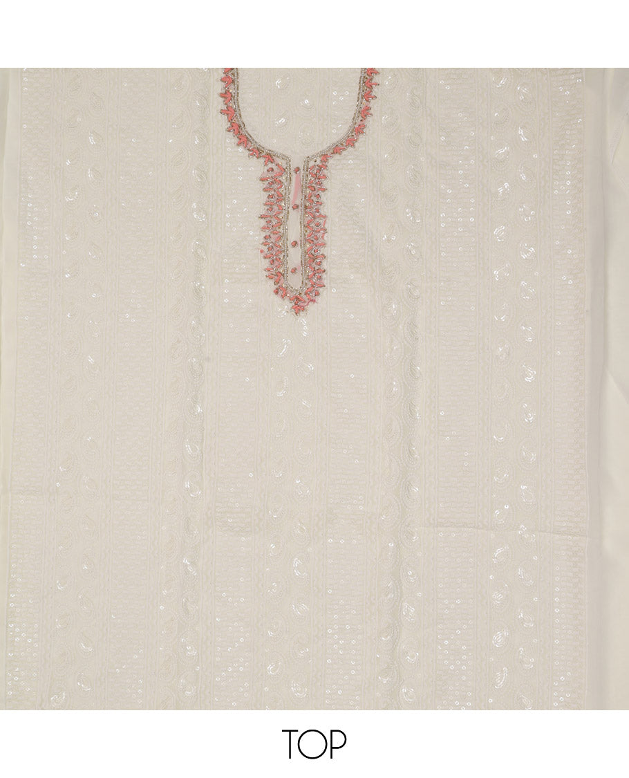Cream and Peach Material Chudidar Set, Beautified with Chikankari-Style Thread and Sequins Embroidered on Georgette Top, a Plain Santoon Bottom, and Paired with a Floral Print and Chikankari-Style Embroidered Georgette Dupatta