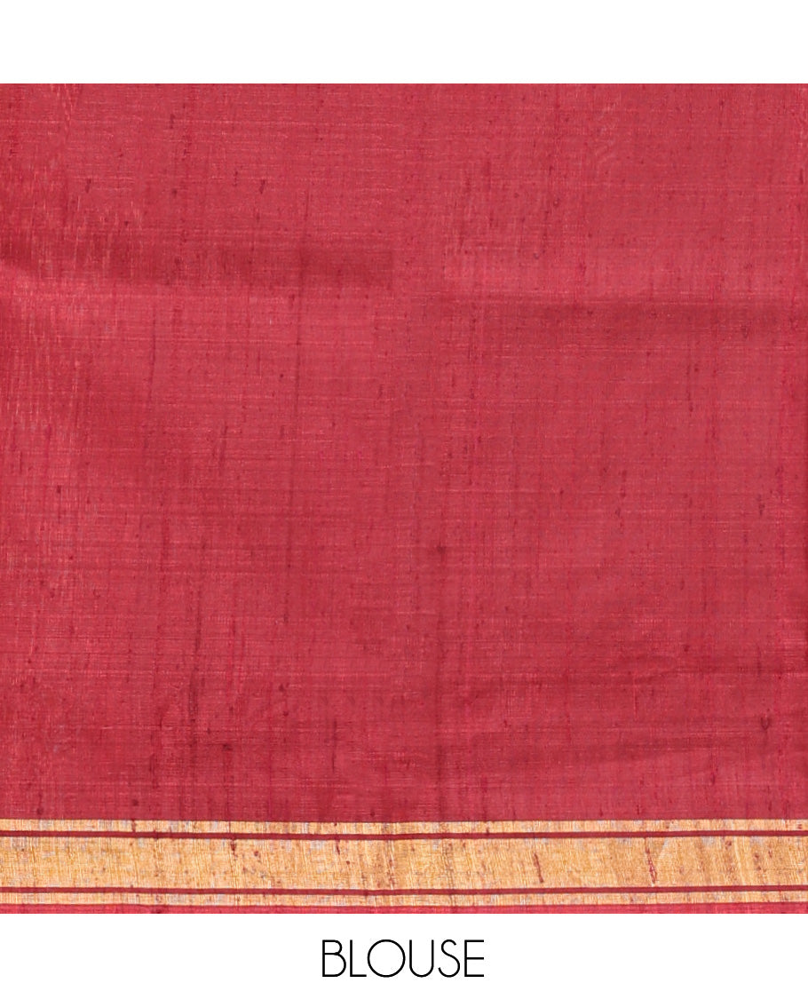 Red Dupion Silk Saree, Elevated with Paisley Buttas, a Piping Border, Intricate Pallu, and a Matching Blouse