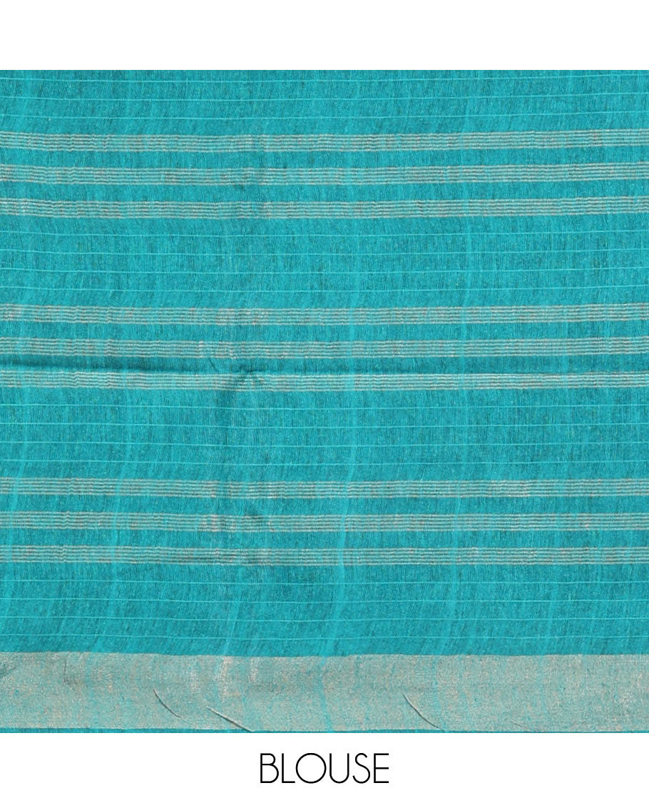 Green Tussar Silk Saree, Sparsely Threaded with Stripes, a Subtle Border, a Self-Pallu, and a Matching Blouse