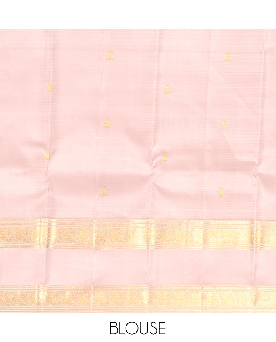 Baby Pink Kanchipuram Silk Saree, Crafted with Zari Checks, Highlighted by Zari Rettai Pettu Border, Zari Buttas Pallu, and Matching Blouse
