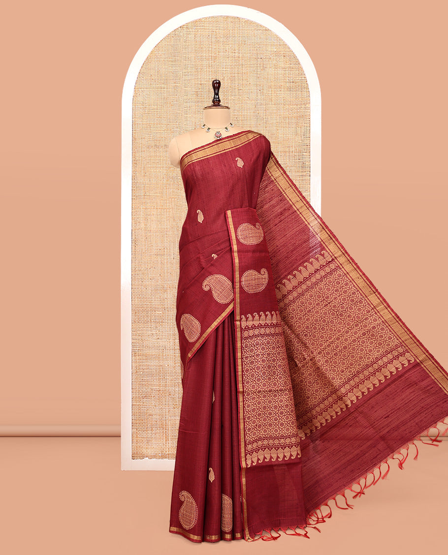 Red Dupion Silk Saree, Elevated with Paisley Buttas, a Piping Border, Intricate Pallu, and a Matching Blouse