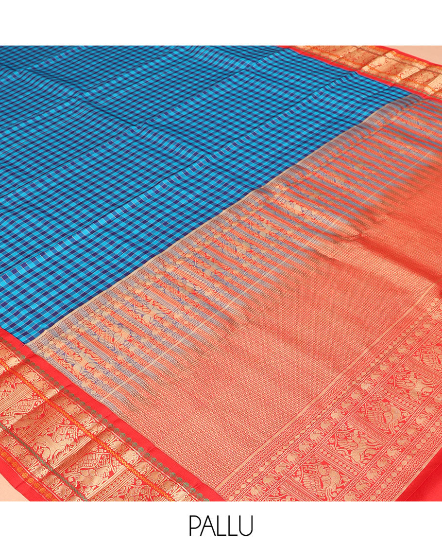 Blue Vasundhara Silk Saree, Woven with Checks, a Contrast Border of Poun, Yaanai, Neli, Mayil, and Yaali Designs, Neli Striped Pallu, and a Contrast Blouse