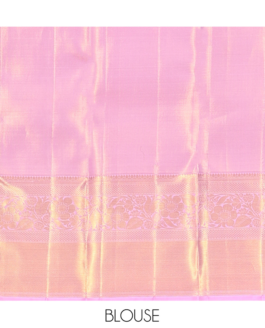 Pink Kanchipuram Tissue Silk Saree, Artfully Detailed with Floral Jacquard, Zari Border of Muthu, Kathir, Kuyil Kann, Mayil Kann, and Kodi Visiry Designs, Grand Pallu, and Matching Blouse