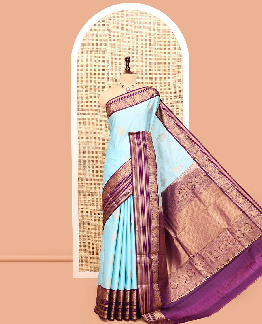 Sky Blue-Purple Budget Silk Saree Features Buttas, Contrast Elephant Border, Pallu, Contrast Blouse