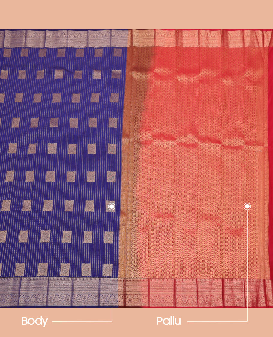 Blue Budget Silk Saree, Delicately Decked Up with Zari Buttas and Stripes All Over Its Body, Highlighted by Traditional Zari Designs Woven Border Contrast Grand Pallu and Paired with a Contrast Blouse