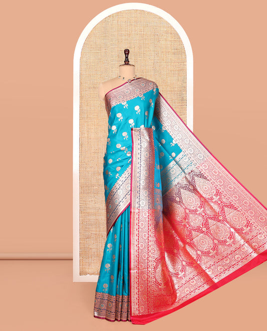 Blue Banarasi Nylon Saree, Decorated with Floral Buttas, Contrast Floral Creeper Zari Border, Intricate Pallu, and a Contrast Blouse