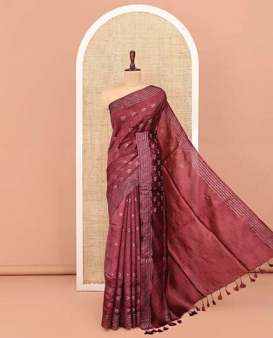 Maroon Banana Pith Saree, Finely Crafted with Buttas All Over Its Body, Subtle Self-Border of Stripes and Buttas, Pallu Steeped with Stripes, and Paired with a Matching Blouse