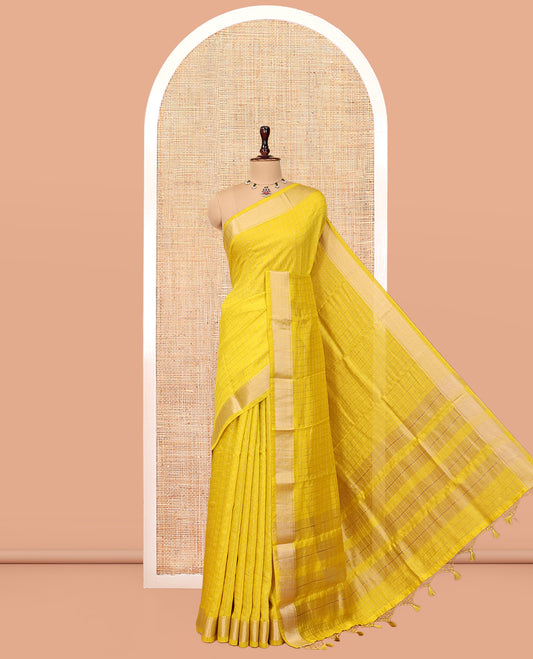 Yellow Assam Silk Saree, Accentuated with Zari Checks, Highlighted by Zari Border, Gleaming Zari Striped Pallu, and a Matching Blouse